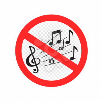 No music sound sign symbol icon on white transparent background. Forbidden song sing be quiet. Round red label and line cross the musical notes