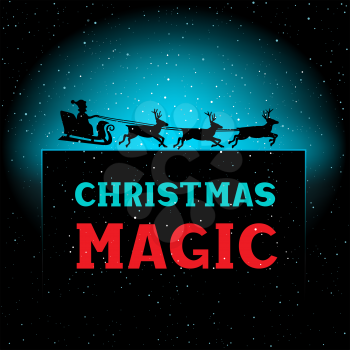 Winter Christmas magic night Santa time. New Year greeting text background. Illustration with falling snow on dark and space for lettering