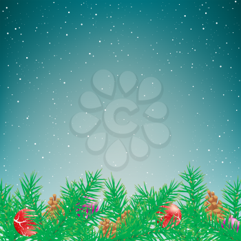 Green spruce and Christmas decoration snow blue sky background. Falling snowflakes fir tree parts toys pine cones backdrop. Winter holiday design template