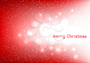 Merry Christmas magic snowy text message congratulation background. Glowing fall snow red circle bokeh backdrop. Christmas snowflakes decoration design template