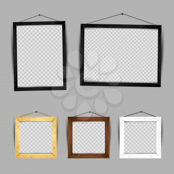 Wooden frame gallery set collection. Rectangular and square art framework with shadow on transparent gray background. Modern border shape photo interior furniture. Portfolio template easy to edit
