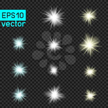 Lamps or star vector light set template on dark transparent background. Shiny flash lamp concept collection