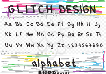 Glitch design alphabet letter set template. Colorful distortion multicolor glitched design text font. Striped random lines technology symbol collection