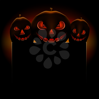 Halloween pumpkin scary terrible empty template for text message on dark background.