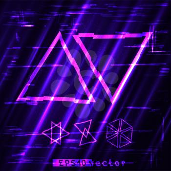 Glitch blue purple and pink triangle light shape template set. Abstract glitched gold vector frame design backdrop