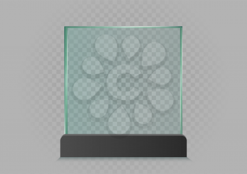 Transparent glass banner template with black holder and shadow on gray background. Glossy square frame board