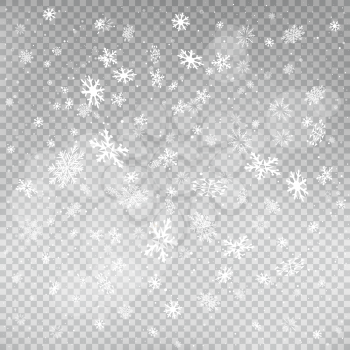 Closeup snowfall on transparent backdrop. Winter holiday Christmas background. Big and small snowflakes falling