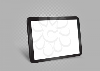 Black tablet PC with empty white screen template and shadow on gray transparent background.