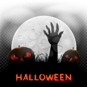 Halloween text message pumpkins zombie hand moon in dark grass silhouette and moonlight transparent background