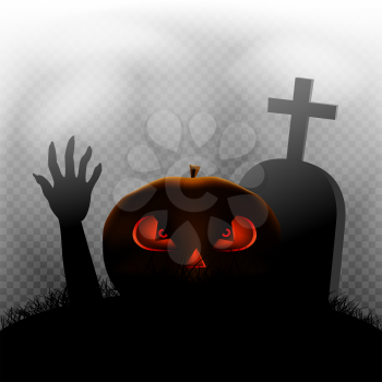 Halloween pumpkin zombie hand and grave in dark grass silhouette and transparent fog background