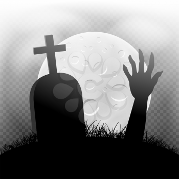 Halloween zombie hand and grave in dark grass silhouette and moonlight transparent background