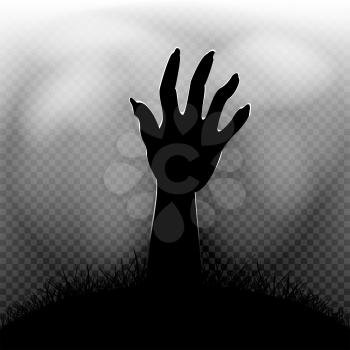 Halloween zombie hand in dark grass silhouette and transparent fog on background
