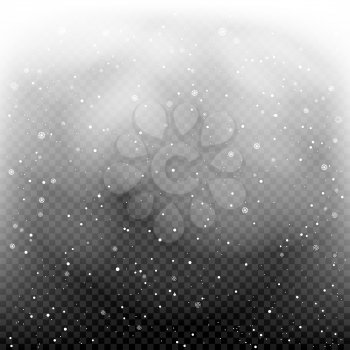 Snow falls in transparent dark. Snowfall in darkness. Christmas backdrop template. Small snowflakes falling from clouds on black background