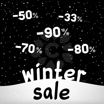 Winter sale text on black night background with falling discounts and snow