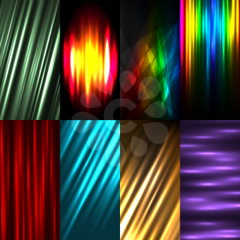 Vertical wallpaper multicolors light rays backgrounds set. Bright color abstract smartphone backdrop. Promo advertising banner template