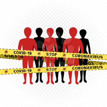 People behind the coronavirus zone tape on white transparent background. Covid-19 crowd spreading perimeter. Human no entry cross line border