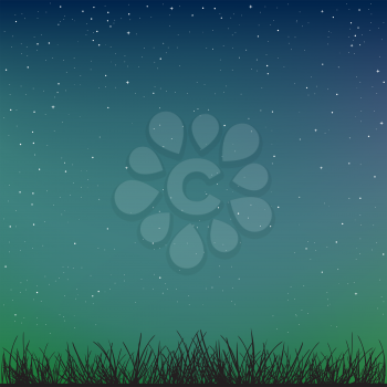 Grass silhouette on night starry sky. Beautiful blue and green darkness colors. Fairytale romantic dark template mockup