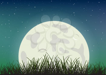 Moonlight and grass silhouette on night starry sky. Beautiful cartoon moon on blue and green darkness colors. Fairytale romantic dark template mockup