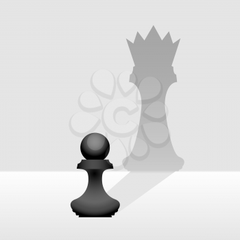 Pawn dreams of becoming high-ranking person illustration. Chess figure with king or queen shadow