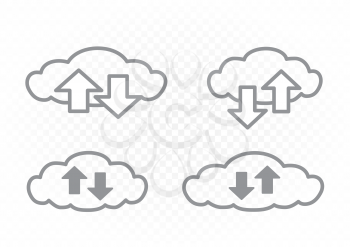 Info exchange through cloud service icon set on white transparent background. Clouds and arrows collection. Wireless network communication
