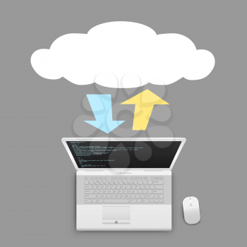 Laptop info exchange through cloud service on gray background. PC clouds wireless network communication