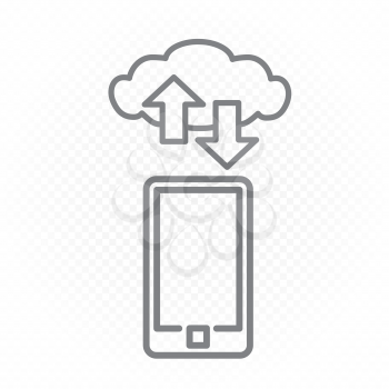 Smartphone info exchange through cloud service line icon on white transparent background. Wireless network communication