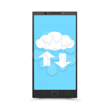 Smartphone info exchange through cloud service on gray background. Phone clouds wireless network communication