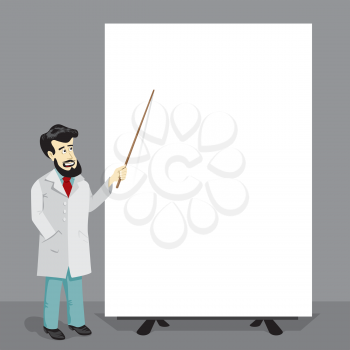 Bearded doctor with pointer and big empty poster template illustration. Medical education