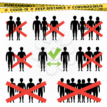 Stop coronavirus and keep distance sign. Covid-19 ban mass gatherings infographic. Stop virus symbol. No people contract sticker label template. Infection biohazard sign