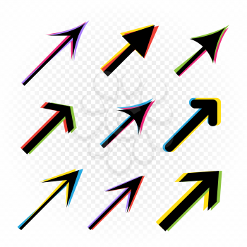 Arrows sign set in colored glitch shape effect on white transparent background. Direction arrow icon collection. Navigation pointer template