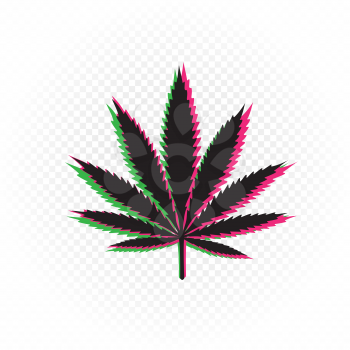 Cannabis drug sign in colored glitch shape effect on white transparent background. Marijuana symbol template. Hemp leaf silhouette with green and pink colors
