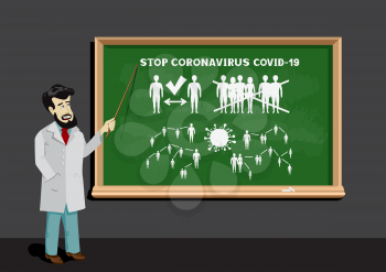 Doctor with pointer on school blackboard explain keep distance to stop Covid-19. Coronavirus infographics on chalkboard. Medical education