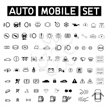 Black auto car sign set isolated on white background. Automobile transport control panel interface icons. Outline vehicle symbol collection