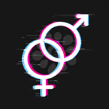 He and she glitch sign on dark background. Man and woman sexual symbol on black error backdrop