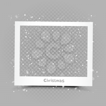 Christmas photography frame with blowing snow on gray background. Holiday celebration photo shape template
