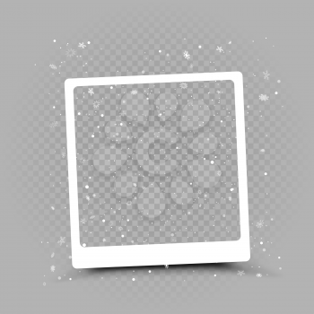 Christmas snapshot frame with blowing snow on gray background. Holiday celebration photo shape template