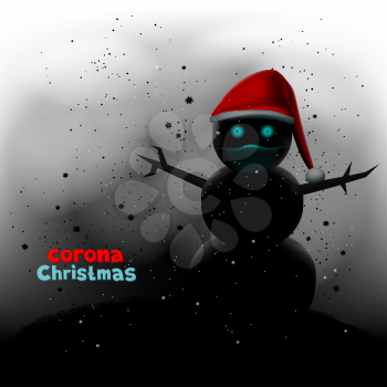 Coronavirus Christmas black snowman silhouette in winter night. Holiday greetings text message. Snow falls in black dark background