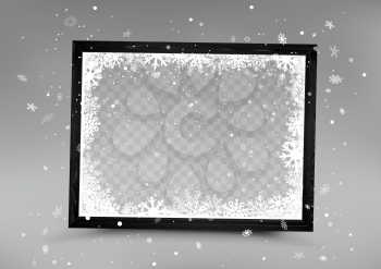 Christmas black photo frame with wooden texture and snowfall on dark background. Holiday celebration snapshot shape template