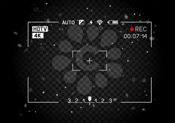 Christmas Camera viewfinder rec template with snowfall on transparent black background. Record video snapshot photography mockup