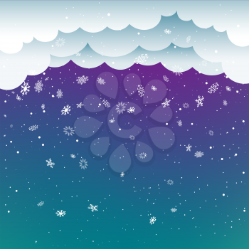 Snowfall template on dark clouds background. Winter snow falling mockup. Christmas decoration backdrop