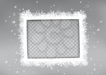 Christmas white photo frame mockup with shadow and snowfall on dark background. Winter holiday celebration snapshot shape template and snowflakes around