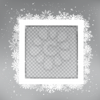 Christmas white square photo frame mockup with shadow and snowfall on dark background. Winter holiday celebration snapshot shape template and snowflakes around