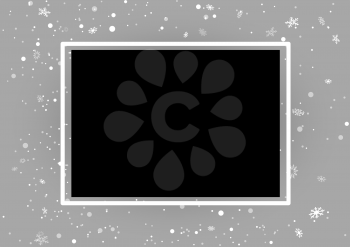 Christmas rectangular photo template mockup with snow falling. Winter holiday celebration snapshot shape and snowflakes around. Snowfall and white frame on gray background