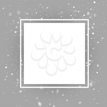 Christmas square photo template mockup with snow falling. Winter holiday celebration snapshot shape and snowflakes around. Snowfall and white frame on gray background