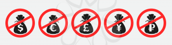 Money pay prohibition symbol set on white transparent background. Money bag with dollar euro pound ruble yuan sign and red round ban shape