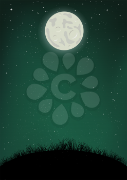 Night starry moonlight sky and dark grass ground silhouette backdrop. Nature nightly landscape with shiny moon. Beautiful nature darkness meadow