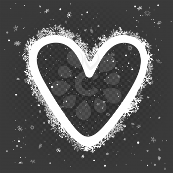Snowy white heart photo frame. Christmas romantic photo mockup and snowfall on dark background. Winter holiday celebration snapshot love shape template and snowflakes around