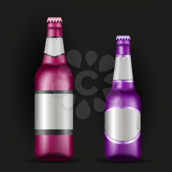 Pink and purple bottles template with shadow on dark background. Drink beverage alcohol bottle with sticker on black background