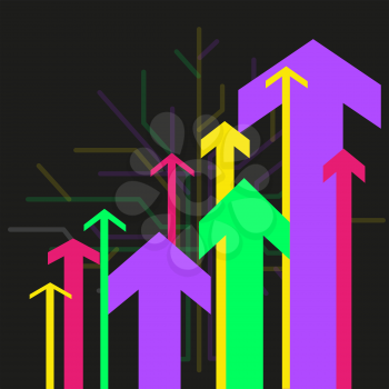 Arrows moving forward on dark background. Purple pink green and yellow arrow sign. Business success template