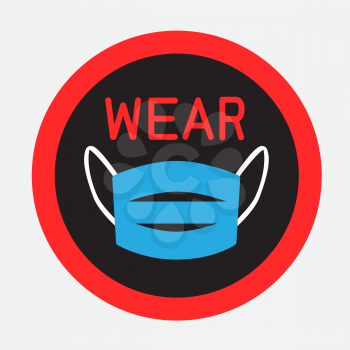 Wear medical mask sticker on white transparent background. Stop coronavirus put on respirator. Virus covid-19 microbe infection danger template. Flu protection symbol icon